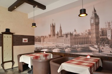 İç modern Cafe kahverengi tonlarında. Stilizasyon altında Lo