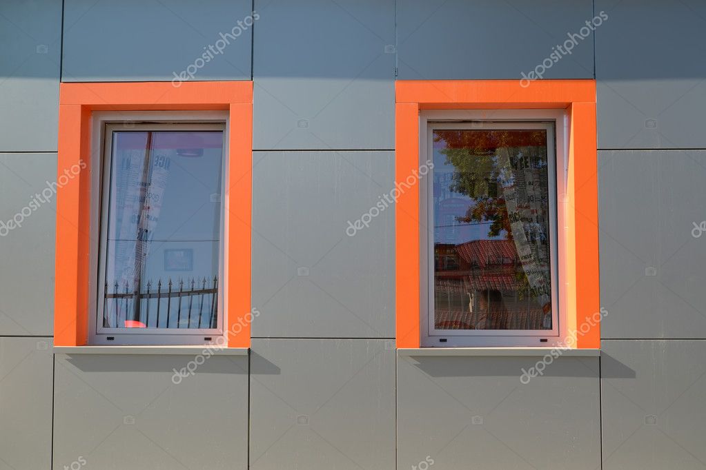 Two Windows With Orange Frames On A Gray Wall Of The Building Stock Photo By Vodolej 94857888 - How To Frame A Wall With Two Windows Two Windows With Orange Frames On A Gray Wall Of The Building Stock Photo By Vodolej 94857888 - How To Frame A Wall With Two Windows