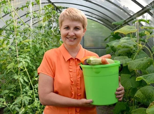Die Frau mittleren Alters hält einen Eimer mit Gemüse in der Hand — Stockfoto