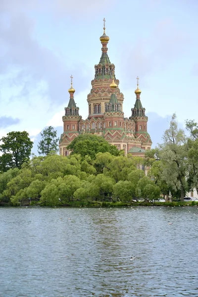 Saint-Pjotr en Pavel de kathedraal aan de oever van Holguin van een vijver in Peterhof — Stockfoto