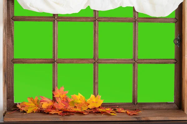 緑の画面の背景に紅葉の古い木の窓 — ストック写真