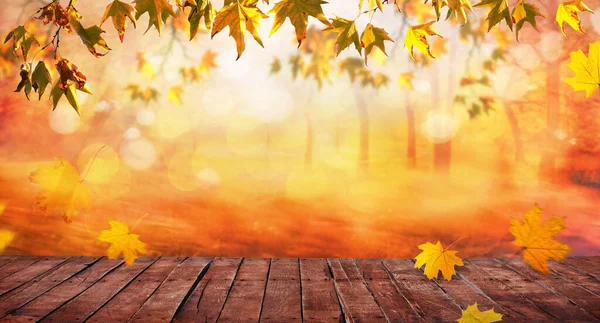 オレンジの葉と古い木の板秋の自然背景 — ストック写真