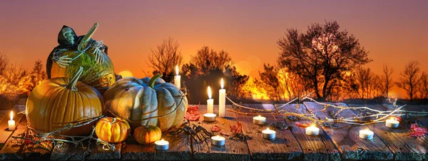 Halloween Fond Effrayant Avec Des Citrouilles Des Bougies — Photo
