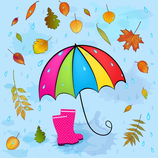 Höstens bakgrund med blad och paraply — Stock vektor