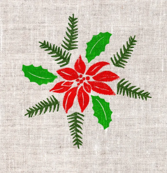 Hand drawn christmas poinsettia on flax — Stock Photo, Image