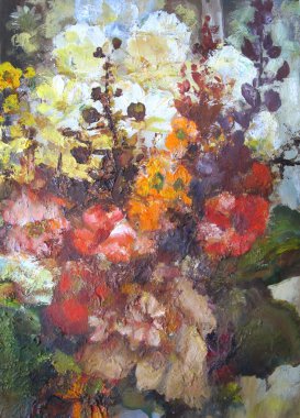 Çiçekli natürmort. Resmi bir parçası. Parlak renkli arka plan.