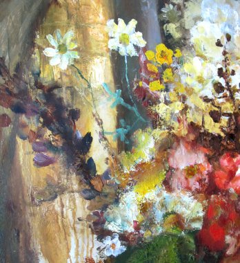 Çiçekli natürmort. Resmi bir parçası. Parlak renkli arka plan.