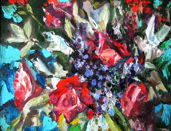 Stora röda blomknoppar. Ljusa färgglada bakgrund, fragment av målning i stil med impressionismen — Stockfoto