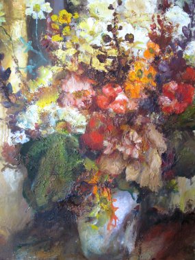 Çiçekli natürmort. Resmi bir parçası. Parlak renkli arka plan.