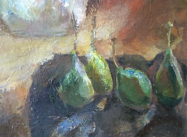 Gröna päron. Ljusa färgglada bakgrund, fragment av målningen i stil impressionism — Stockfoto
