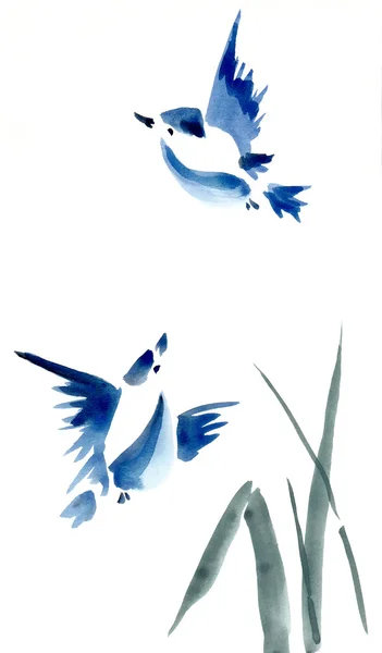 Chinees schilderij aquarel. Vliegende vogels — Stockfoto