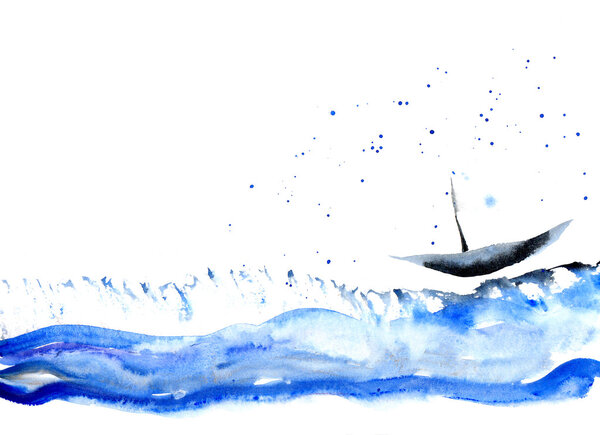 Корабль бежит по волнам. Акварель
