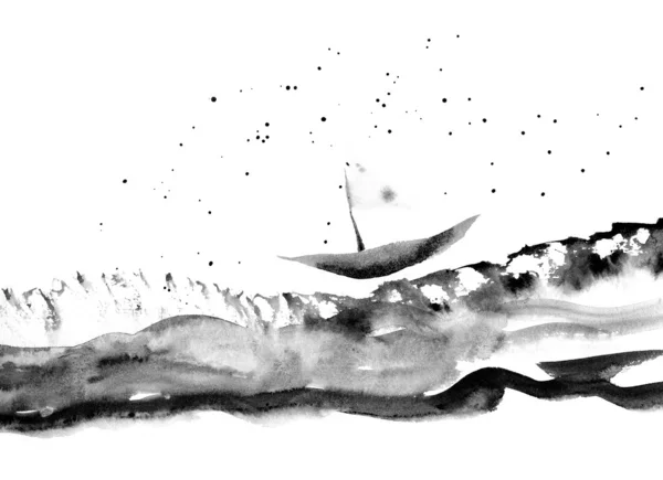 Loď na vlnách. Akvarel — Stock fotografie