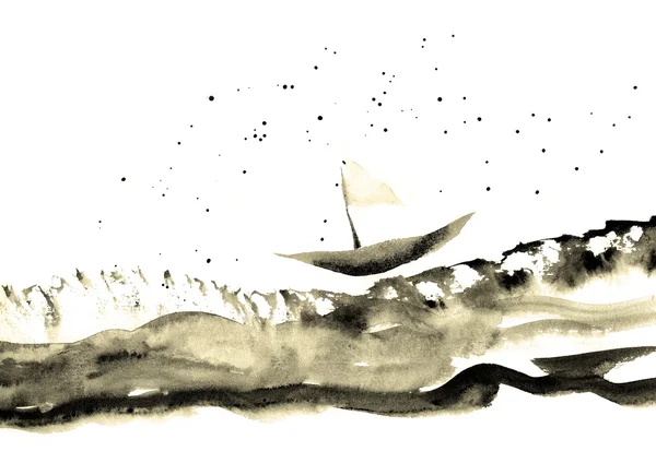 Navire sur les vagues. Aquarelle — Photo