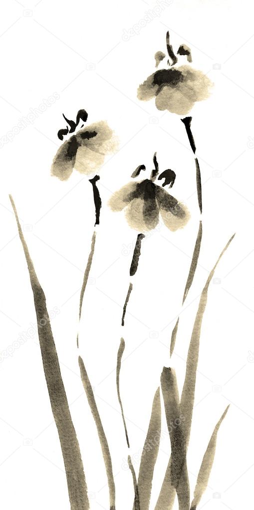 Cute floral background. Chinese watercolor irises