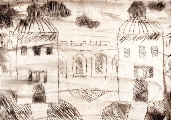 Graphic drawing on paper. Old town — Stock Photo, Image