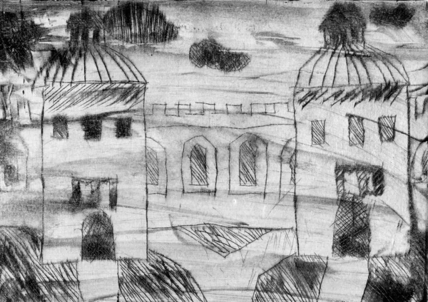 Graphic drawing on paper. Old town — Stock Photo, Image