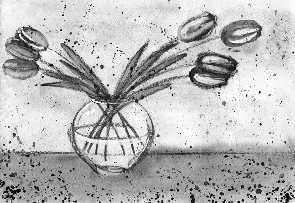 фон с цветами, акварельные тюльпаны в вазе
