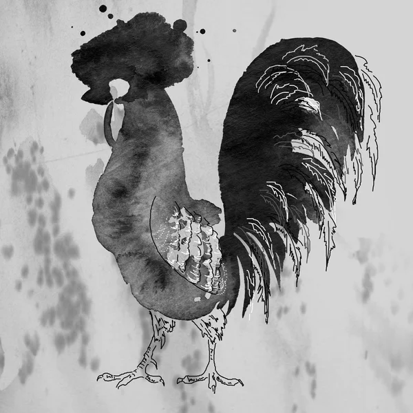 Rooster. Ink blot as a background — Stock Photo, Image