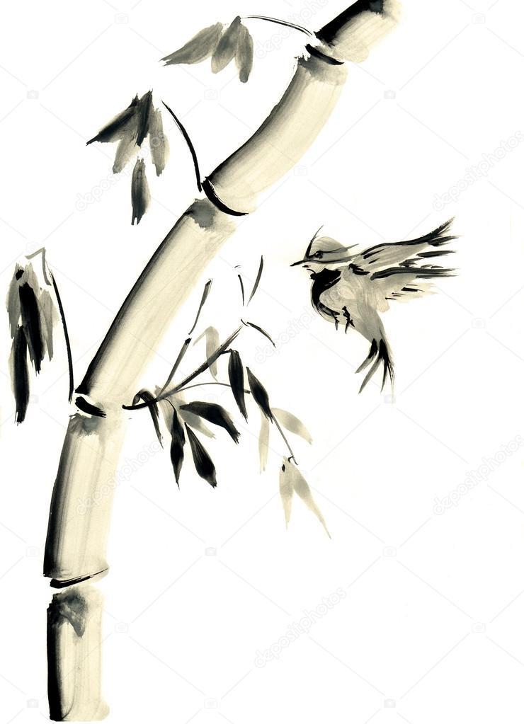 Chinese painting watercolor. Bird and bamboo