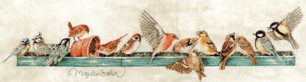 Little birds and a feeding trough, hand embroidery — Stock Photo, Image