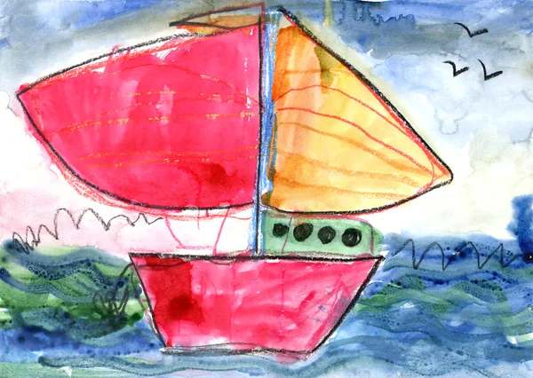 Funny children's drawing. Boat. — Stock Photo, Image