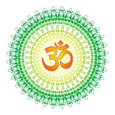 Sarı ve yeşil renklerde açık çember mandala. Ortadaki Aum / Om / Ohm işareti. Ruhani ve kutsal sembol, arka plan. Vektör grafikleri.