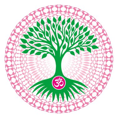 Ortasında yaşam ağacı ve aum / om / ohm işareti olan bir mandala açıl. Karakter çizimi, vektör grafik sanatı. Ruhani son ekoloji sembolü. Sembol resmi.