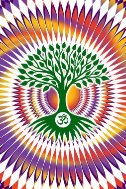 Aum / Om / Ohm tabelalı yaşam ağacı arkaplandaki arkaplanda açık grafik mandala var. Canlı Renkler, Yeşil. Piksel Grafikleri