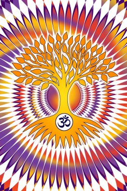 The tree of life with the Aum / Om / Ohm sign against the background of an openwork graphic mandala. Vivid Colors, yeliow, orange, purple, Pixel Graphics clipart
