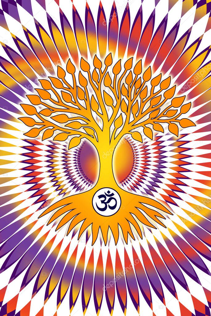 The tree of life with the Aum / Om / Ohm sign against the background of an openwork graphic mandala. Vivid Colors, yeliow, orange, purple, Pixel Graphics