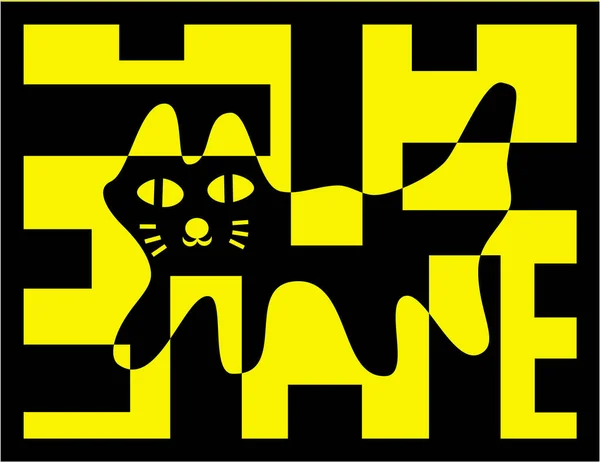 Dessin Animé Chat Symbolique Sur Fond Rectangles Couleurs Noir Jaune — Image vectorielle
