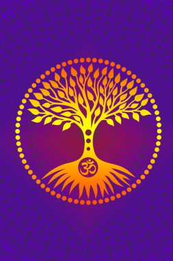 Mandal izli arka planda daire şeklinde bir yaşam ağacı. Mavi turuncu turuncu mor renkler. Ruhani, mistik ve ekolojik bir sembol. Mor sanat grafiği.