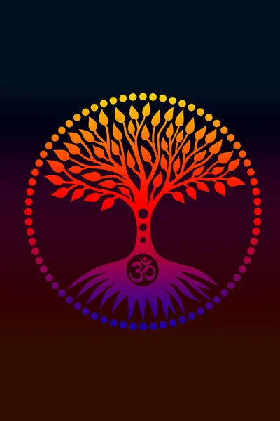 The tree of life in a circle on a dark background.Blue yellow red colors. Spiritual, mystical and ecological symbol. Pixel art graphic.