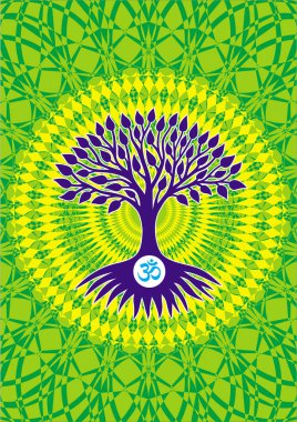 Yeşil ve sarı arka planda bir çemberin içindeki mavi yaşam ağacı. Mavi sarı renkler. Ruhani, mistik ve ekolojik bir sembol. Vektör sanatı grafiği.