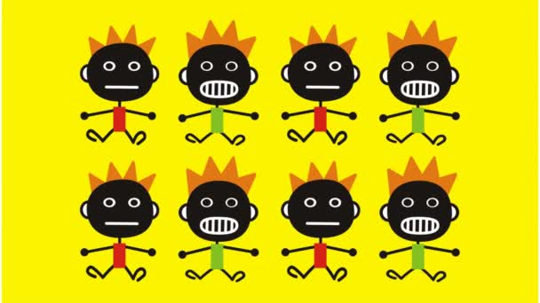 黄色の背景で踊る8人の面白い人 黒い顔と感情 ビデオアートスプラッシュ画面 シームレスなループ — ストック動画
