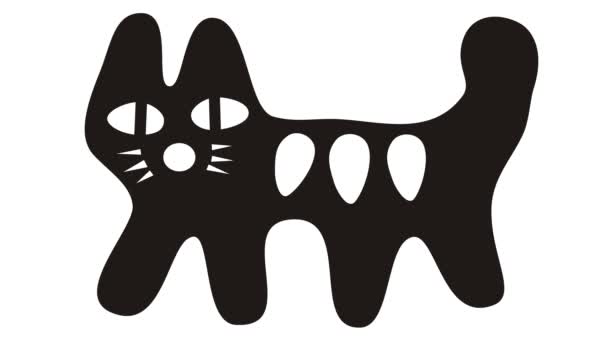 Zeichentrickgrafik Katze mit einem großen Schwanz. Das Schwarz-Weiß-Bild verwandelt sich in Negativ und Positiv. Cooles lustiges Video, Humor. Video-Bildschirmschoner. Videokunst.