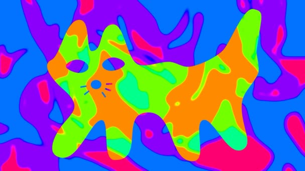 Cartoon stilisierte Grafikkatze in leuchtenden Regenbogenfarben mit großem Schwanz. Humor, Fantasie, abstrakte Kunst. Videokunstgrafik.