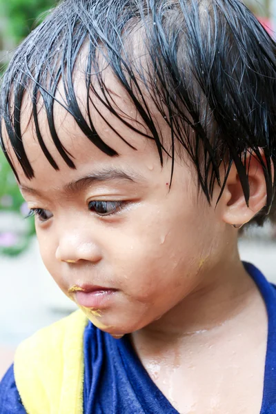 Wet face of Asian baby girl — Stock Photo, Image