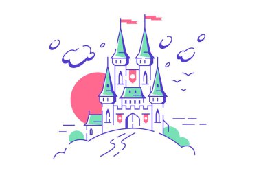 Beyaz arka planda büyük ortaçağ kale kuleleri. Çocuk hikayelerinde kullanılan kırmızı bayraklı ve amblemli Peri Kralı Malikanesi 'nin ayrı bir konsepti. Vektör illüstrasyonu.