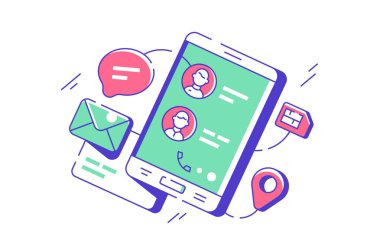 Cep telefonu dijital uygulamasındaki modern telefon bağlantıları. SIM kartı olan aygıt simgesini, çevrimiçi iletişim ve çağrı için iletiyi algıla. Vektör illüstrasyonu.