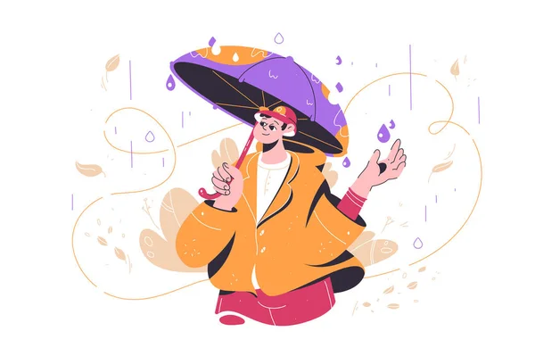 Happy guy standing under rain — Stock Vector