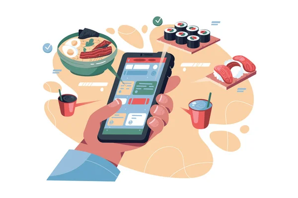 Telefon aracılığıyla çevrimiçi yemek siparişi — Stok Vektör