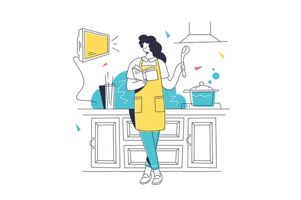 Nő főzés étkezés a konyhában — Stock Vector