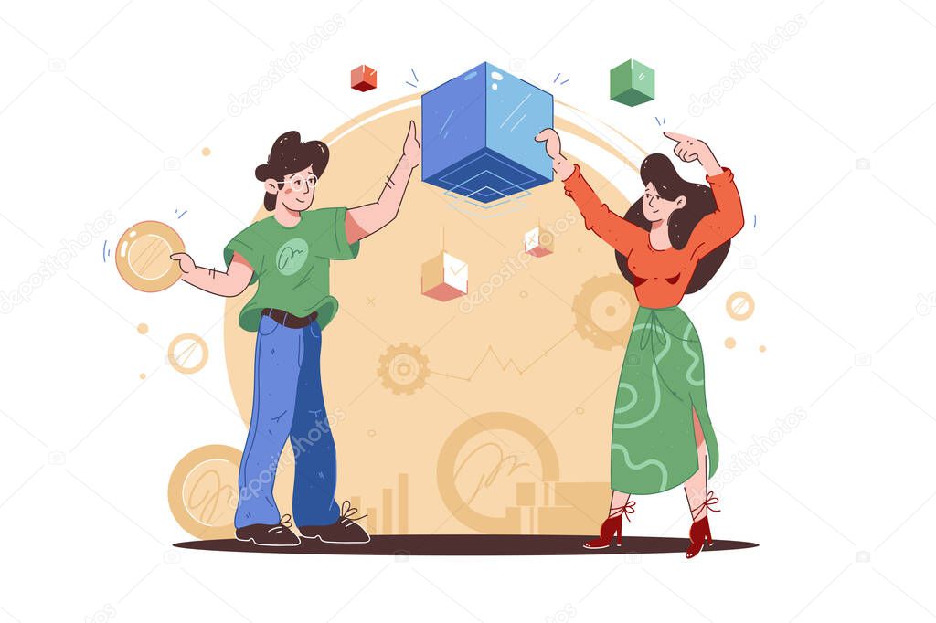 Boy and girl holding blockchain cubes