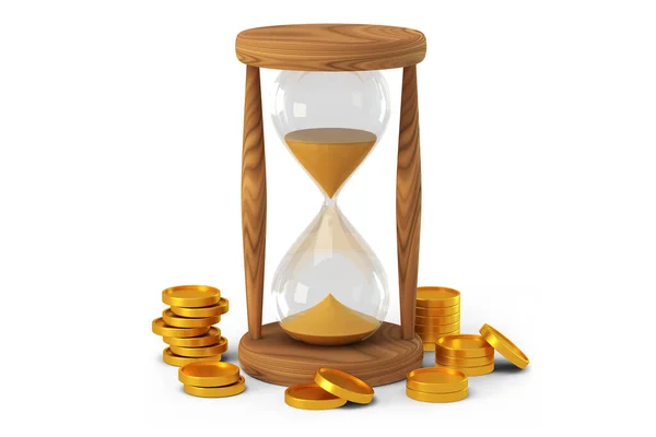 Wooden hourglass and coins 3D render — Stock Photo, Image