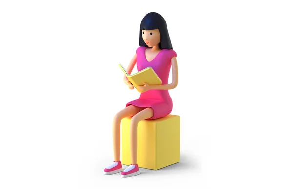 Mujer sentada con libro 3D render — Foto de Stock