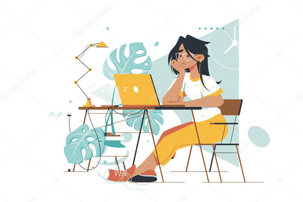 Boring woman waiting message at laptop.