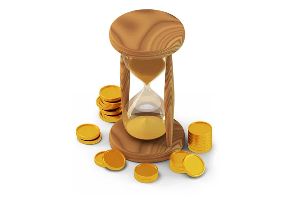 Wooden hourglass and coins 3D render isometric view — Stock Photo, Image