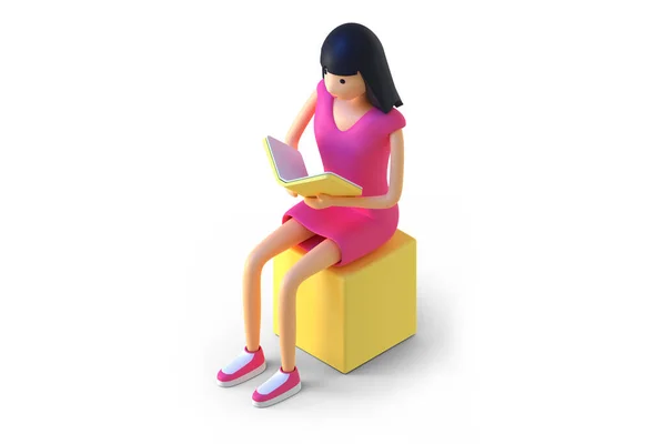 Mujer sentada con vista isométrica libro 3D render — Foto de Stock